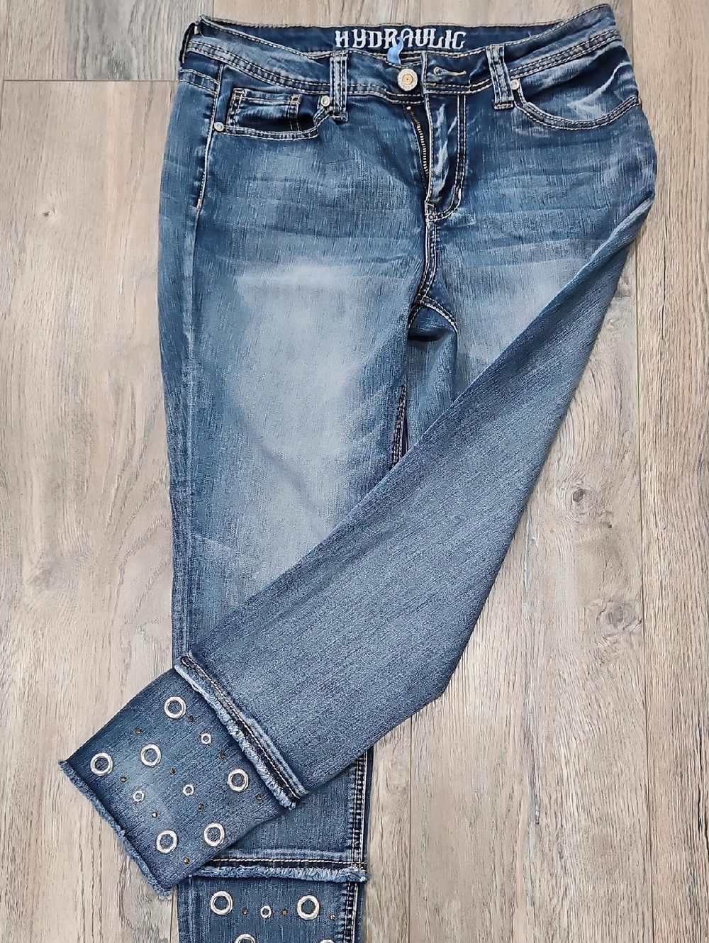 Hydraulic Blue Crop Skinny Jeans with Studded Cuffs